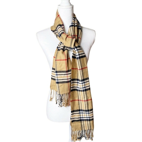 Cashmere Feel Tartan Plaid Fringe Scarf Tan Soft Luxury. 12x64 - Picture 1 of 3